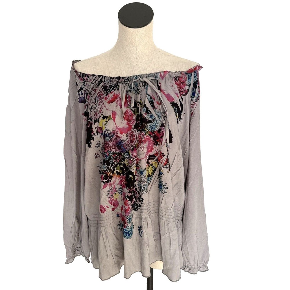 Fashion Bug Gray Floral Off The Shoulder Top Rhinestones Blouse 1X